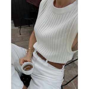 Commense Ribbed Sleeveless Knit Top Off White Casual Chic Versatile Sweater Vest